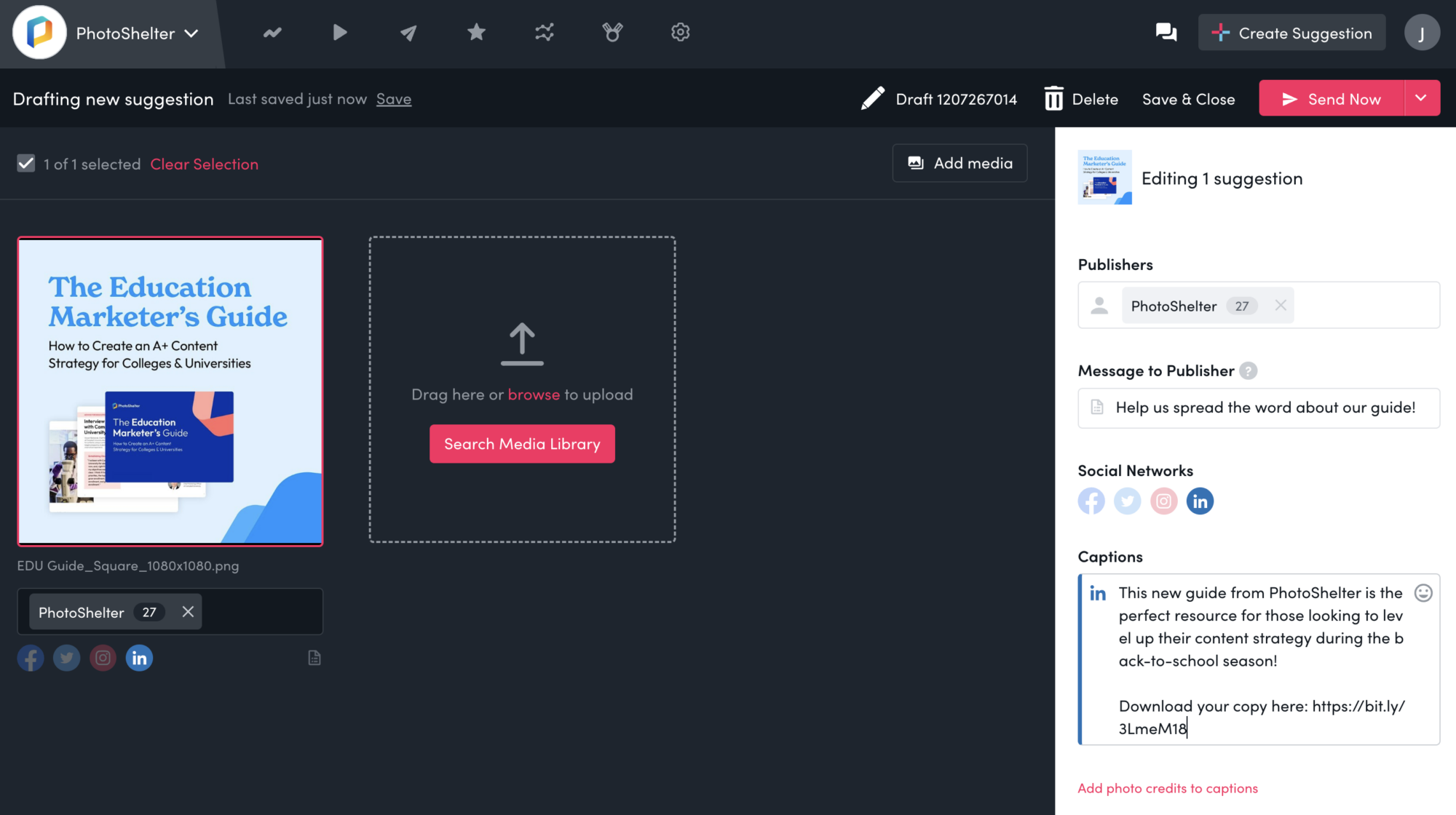 Screenshot of the Socialie by PhotoShelter platform, showcasing how to schedule suggested content.